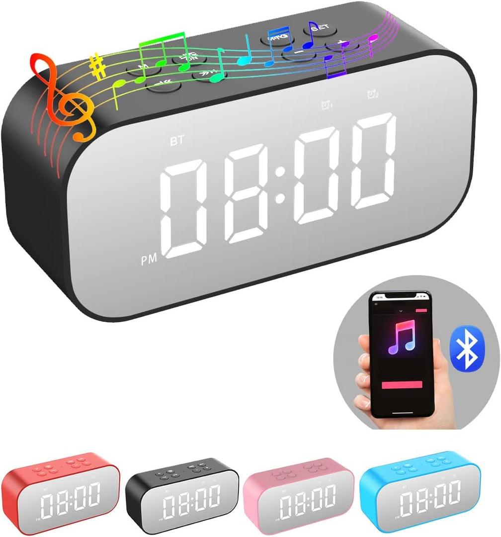 AFK Alarm Clock with Bluetooth Speaker for Bedroom/Office,Small Digital Clock for Heavy Sleepers Adults,Teens,Kids with Dual Alarms,Mirror LED Display,Hands-Free Calling