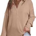 AlvaQ Womens Oversized Sweatshirt Loose V Neck Long Sleeve Lapel Collared Waffle Knit High Low Pullover Tops (Brown, L)