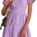 PRETTYGARDEN Womens 2026 Summer Short Dress V Neck Short Sleeve A Line Hollow Out Lace Cute Casual Beach Party Spring Dresses (Purple, S)