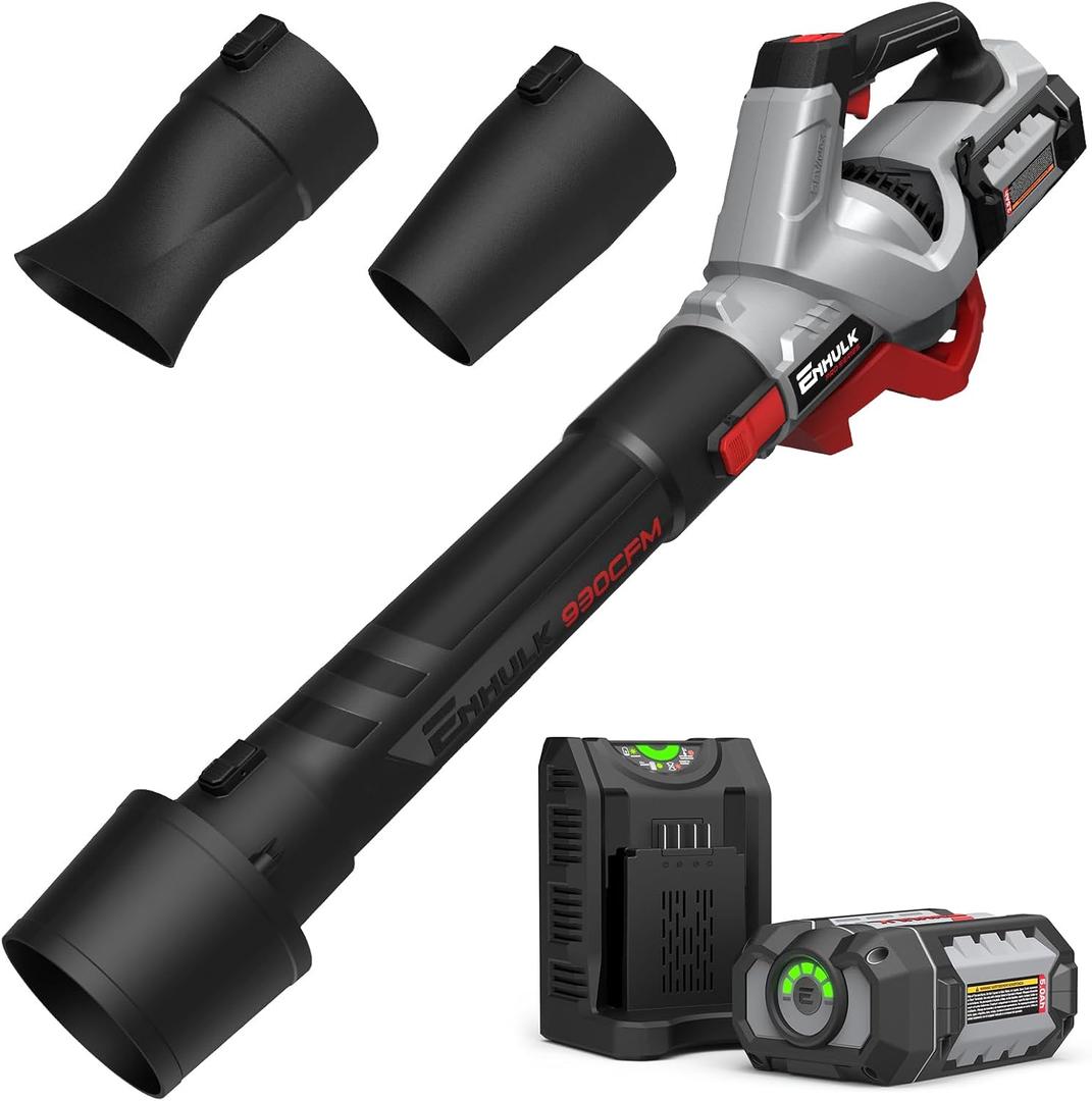 Enhulk 58V Cordless Leaf Blower, 930CFM 200MPH Brushless Power, with 5.0Ah Battery & Charger, Variable Speed & Turbo Mode for Yard, Leaves, Dust, and Snow