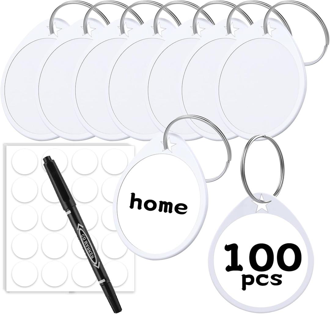 1.57 Inch Plastic Key Tags Round White Item Identifiers with Blank Paper Label Stickers and Pen, Metal Split Ring Tags Ideal for Home,Office and Rental Management Use,100 Pack