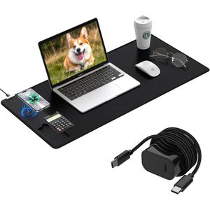 Mouse Pad 31.5x15.75 Inch with Calculator, 15W Magnetic Wireless Charging Desk Mat, XXL Desk Pad, Home Office Large Keyboard Pad with Ultra-Smooth Surface, Non-Slip Base (Black with 20W PD Charger)
