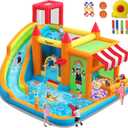 FBSPORT Inflatable Bounce House Water Slide, Bounce House for Kids with Toy Market Stand Splash Pool Bouncer Climbing Wall Water Gun Ball Dart, Bouncy Castle W/620W Blower for Outdoor Indoor, Red