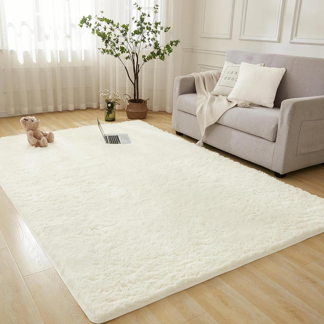 Area Rug for Living Room, Cream Soft Fuzzy Plush Indoor Carpets for Bedroom, Non Skid Fluffy Faux Fur Rug for Room