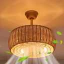 18.1" Rattan Caged Ceiling Fan with Lights 4-Light Beige Fandelier with Light Boho Bamboo Chandelier Fan with Light Reversible Motor, Remote Wicker Pendant Light with Fan for Bedroom Living Room, 18.2 IN