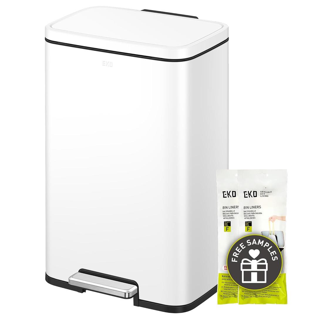 EKO Madison Matte White Stainless Steel 13.2 Gal/50L Kitchen Step Trash Can or Recycling Bin, Removable Inner Liner, Soft Close Lid, Fingerprint Resistant Finish