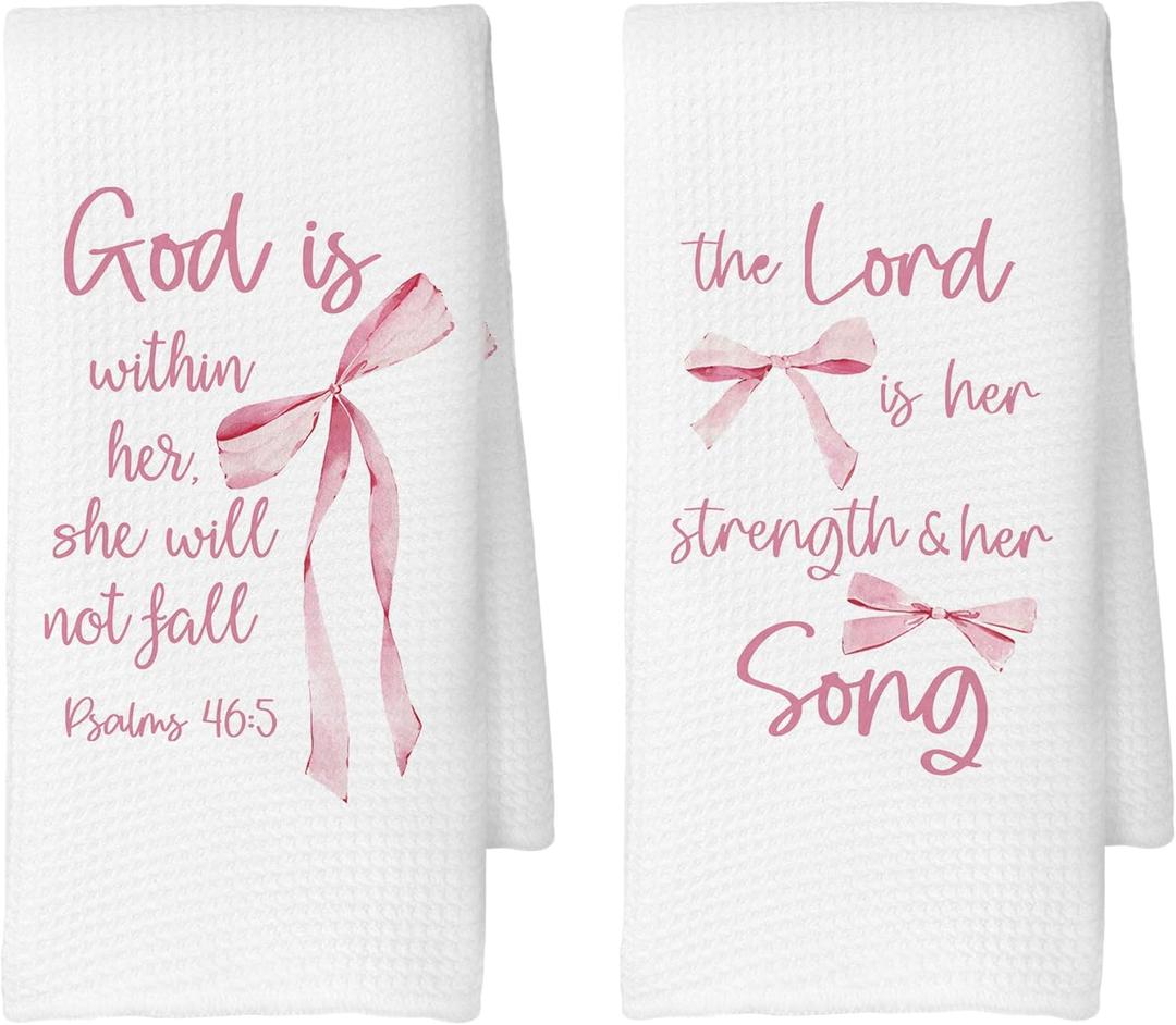 Coquette Pink Bow Christian Kitchen Towels Set of 2, Christian Gifts for Women Girls, Bible Verse Scripture Dorm Room Preppy Bow Decoration Tea Towels Kitchen Hand Towels 16x24 Inch