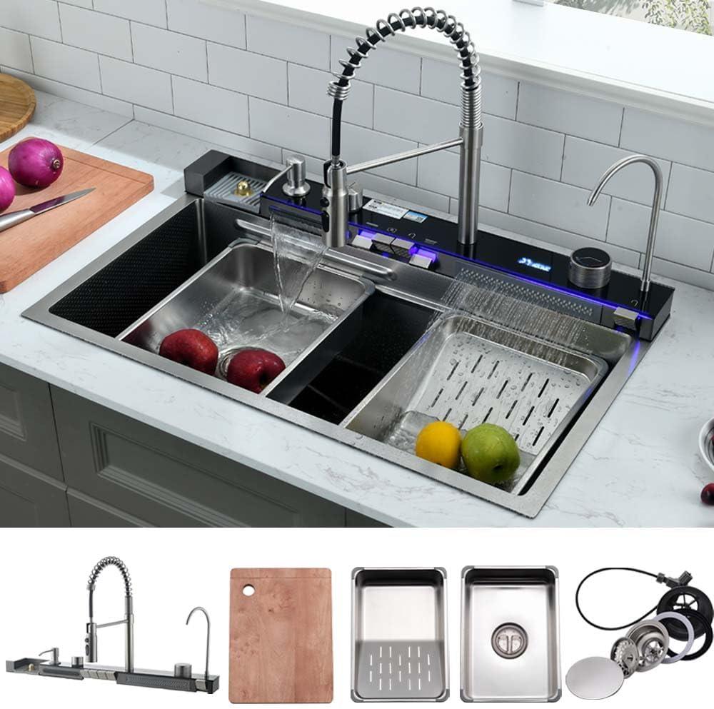 30 Inch Waterfall Smart Kitchen Sink -Wesliv 30x18 Waterfall Kitchen Sink Stainless Steel Digital Display Pull-Out Faucet 18 Guage Single Bowl Sinks with Cup Washer & Soap Dispenser