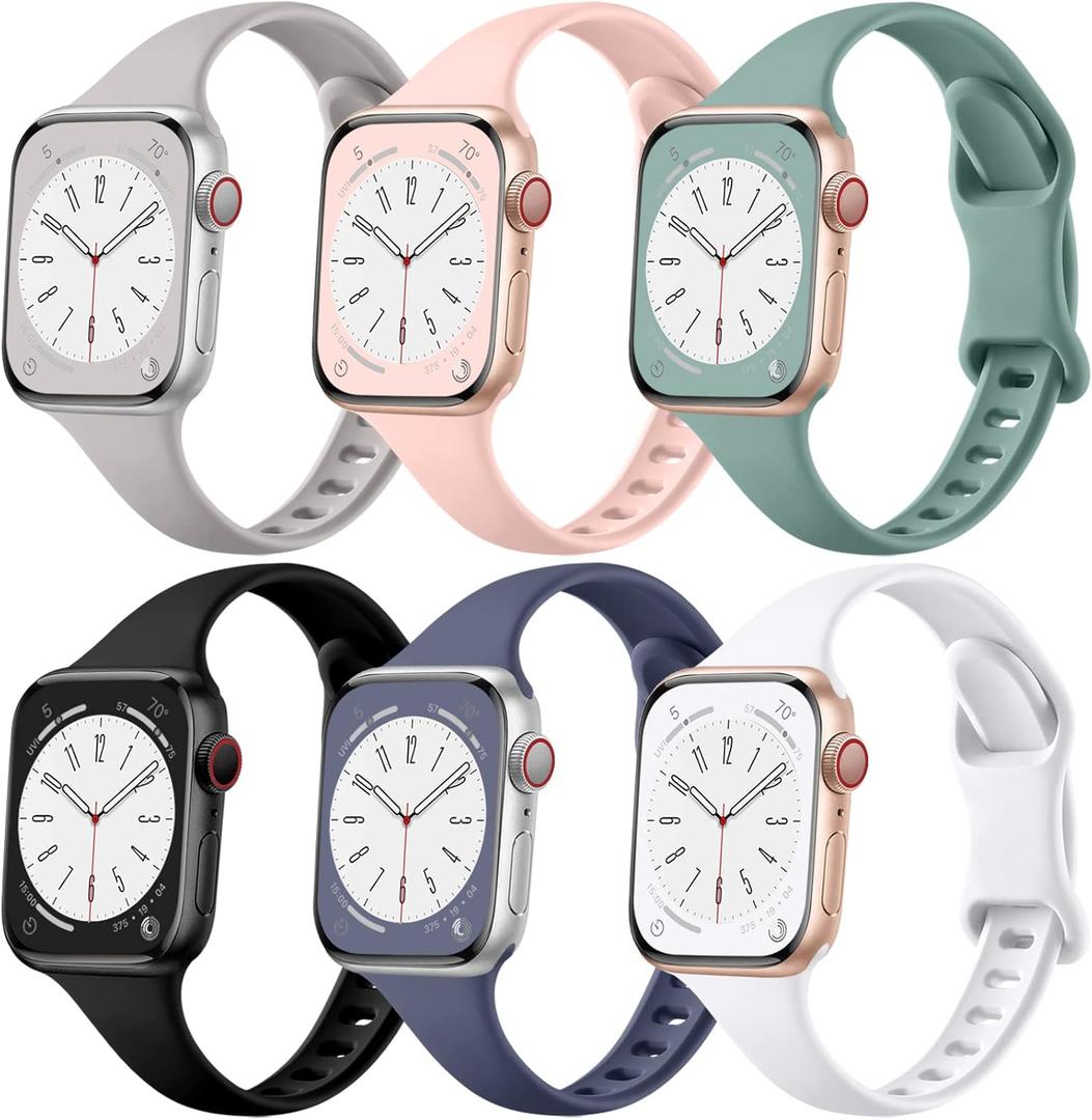 Lerobo 6 Pack Compatible for Apple Watch Band 38mm 40mm 44mm 42mm 41mm 45mm 46mm 49mm Women Men,Soft Narrow Replacement Sport Strap Thin with iWatch Apple Watch Series 10 9 Ultra 8 7 6 5 4 3 2 1 SE (Black/ Sand Pink/ Blue Gray/ Light Gray/ Pine Green/ White)