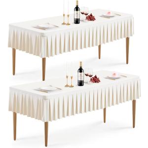 Wish Care 2 Pack Ivory Spandex Table Clothes for 6 Foot Rectangle Tables Wrinkle Free Stretch Fitted Tablecloths 6ft Pleated Ruffle Elastic Table Cover Skirt for Wedding Birthday Banquet Home Party