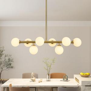 Glass Globe Sputnik Chandelier, 8-Light Mid Century Modern Chandeliers, Dining Room Chandelier Over Table with Milk White Glass, 33" Linear Chandeliers for Dining Room, Kitchen Island-Gold