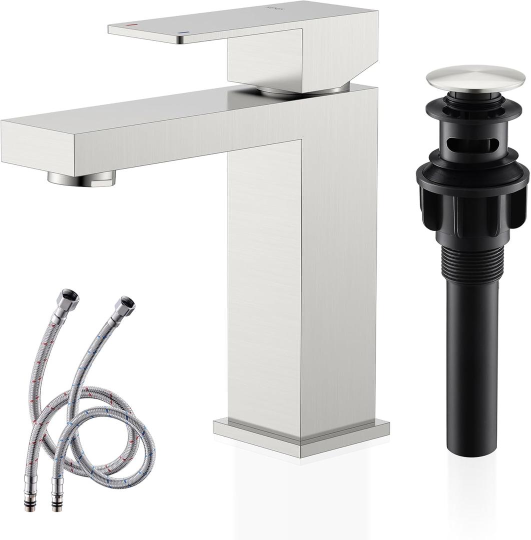 KENES Single Handle Bathroom Sink Faucet, Brushed Nickel Vanity Faucet for Bathroom Sink, with Pop Up Drain Stopper & Water Supply Lines LJ-9031 (Short)