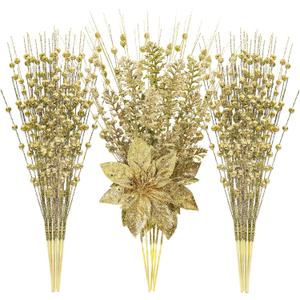 24 Pack Artificial Glitter Berry Stem Ornaments - 17.5 Inch Fake Christmas Picks Decorations with Poinsettia Flowers, Bead Sticks for DIY Christmas Tree, Wreath, Wedding & Small Vase Decor (Gold)