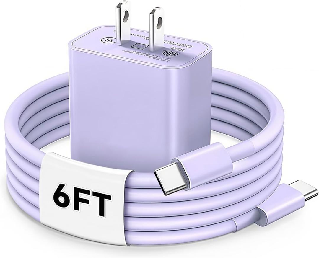 Lavender Charger Purple USB C to USB C Cable i Phone Charger Fast Charging 6FT Long, 20W Type C Cord Charger Charging for i Phone 16/15/17/Pro Max/Plus MacBook Pro Air,iPad Air, Samsung Galaxy S25/S24