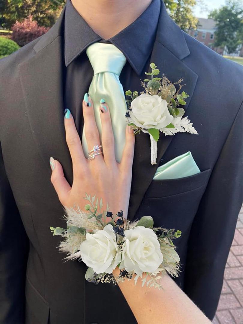 Rinlong Corsage and Boutonniere Set White Green Corsages Boho Groom Artificial Dried Flower Boutonniere for Men Wedding Homecoming Prom