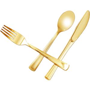N9R 100PCS Gold Plastic Silverware - Gold Plastic Cutlery Set Disposable Flatware Dinnerware -50 Forks, 25 Spoons, 25 Knives for Party, Birthday, Wedding