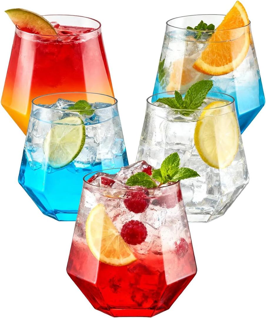 BESTSTAR 40 PCS Clear 12 Oz Plastic Wine Whiskey Glasses, Diamond Stemless Unbreakable Disposable Wine Glasses for Parties, Ideal for Weddings, Christmas, Halloween,Holidays, Pool Party, Daily Use