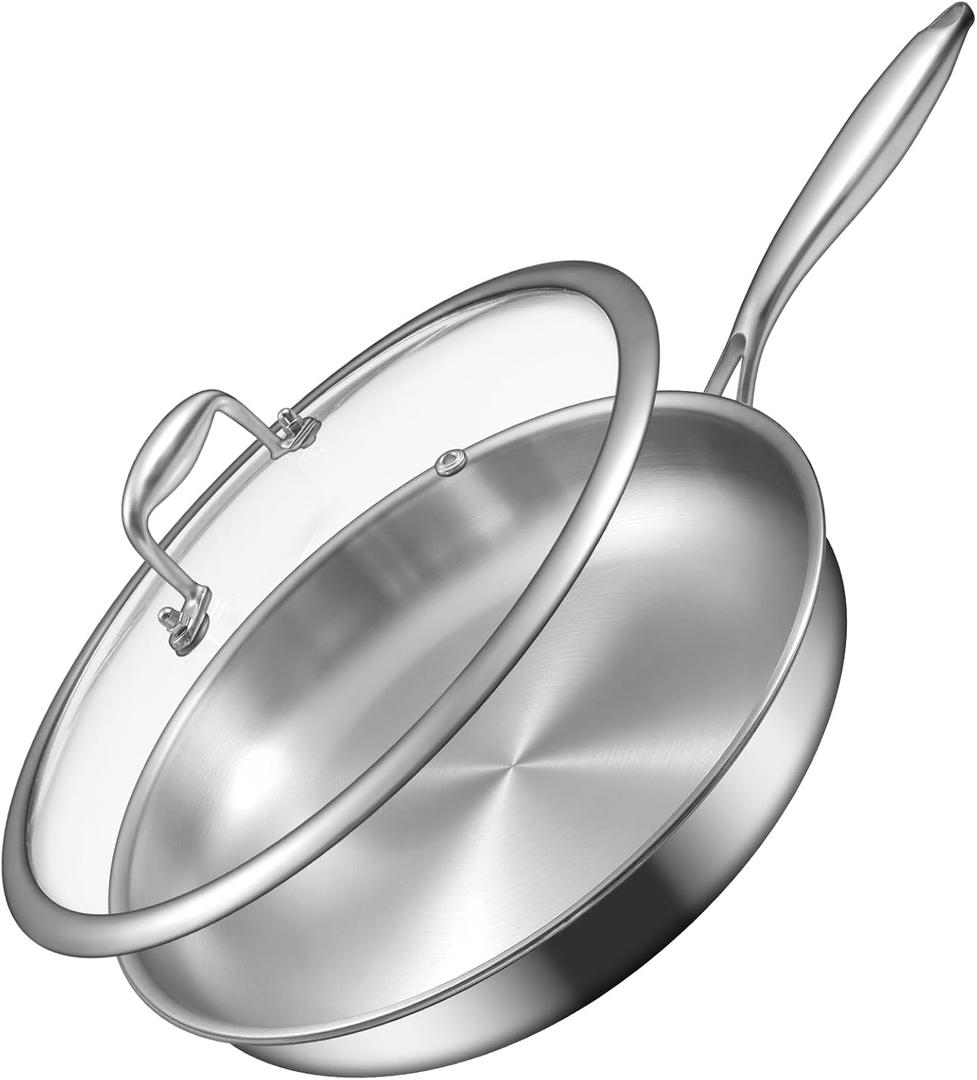 EWFEN 12 Inch Tri-Ply Stainless Steel Frying Pan, Compatible with All Cooktops Up to 600, Large Frying Pan with lids, Induction-Ready Skillet, Dishwasher and Oven Safe, Even Heat, 12" Skillet + Lid