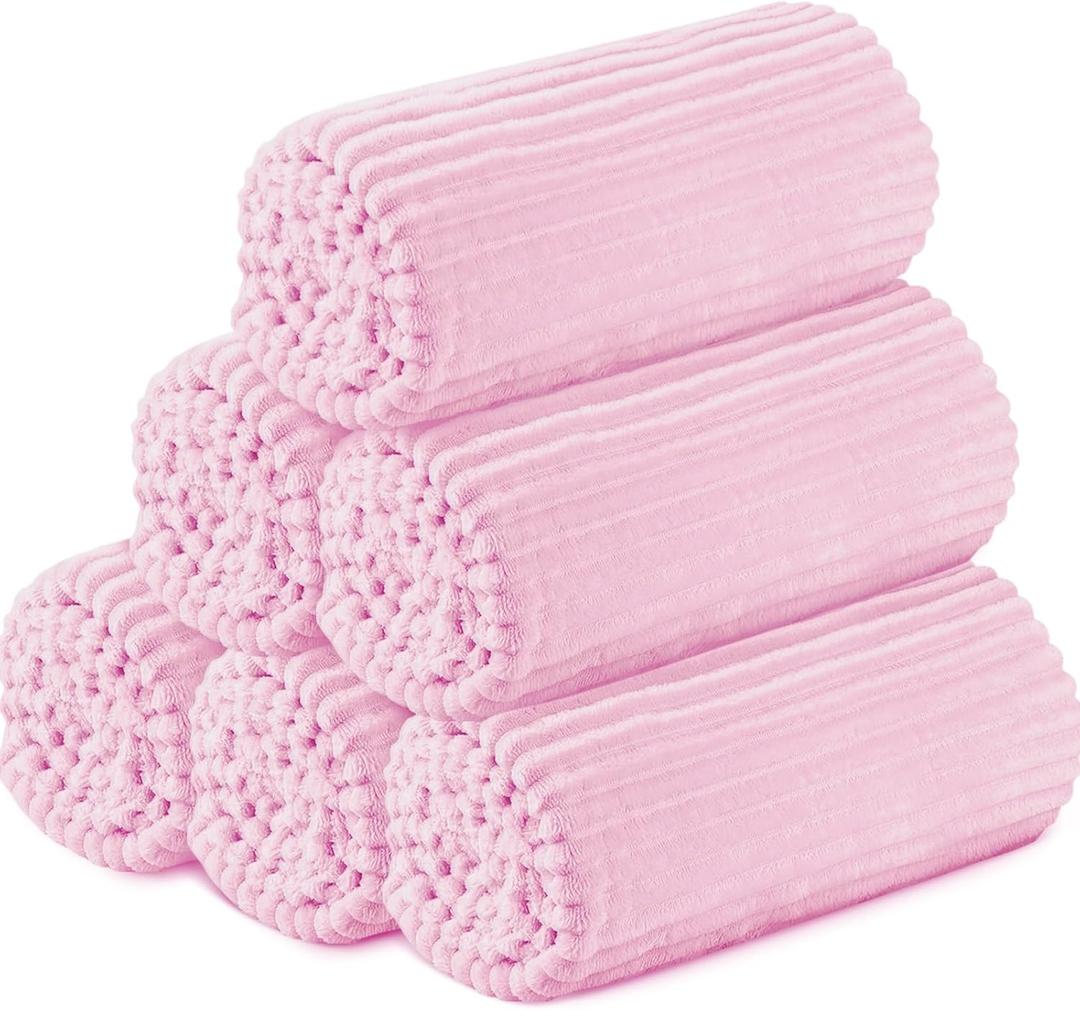 Buryeah 6 Pcs Flannel Throw Blanket Bulk 50 x 60 Inch Sleepover Blankets Wedding Throw Soft Lightweight with Striped Ribbed for Sofa Room Couch Donation Homeless Gifts (Pink)
