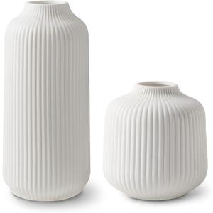 Ceramic Vases in Nordic Style, Modern Vase Deco for Pampas Grass, Boho Deco for Windowsill, Vases Set in White Matt, Flower Vase as Home Decoration for Fresh Flowers, Dried Flowers, Set of 2