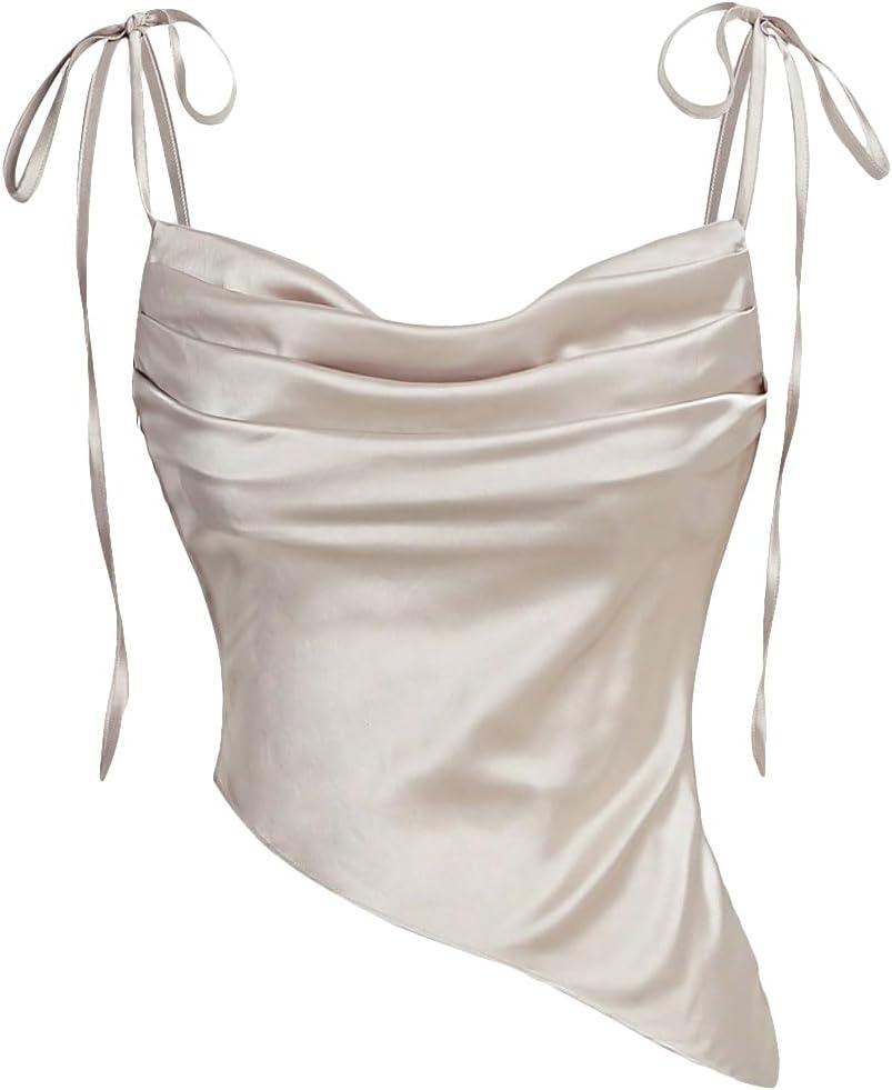 Milumia Women's Satin Silky Pleated Cowl Neck Crop Top Tie Shoulder Ruched Asymmetrical Hem Cami Tops (Large, Apricot)
