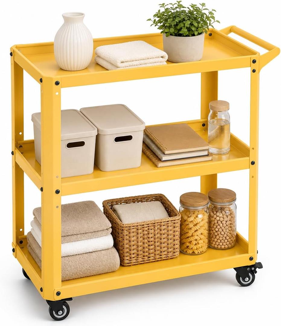3 Tier Metal Utility Rolling Cart with Wheels, Yellow