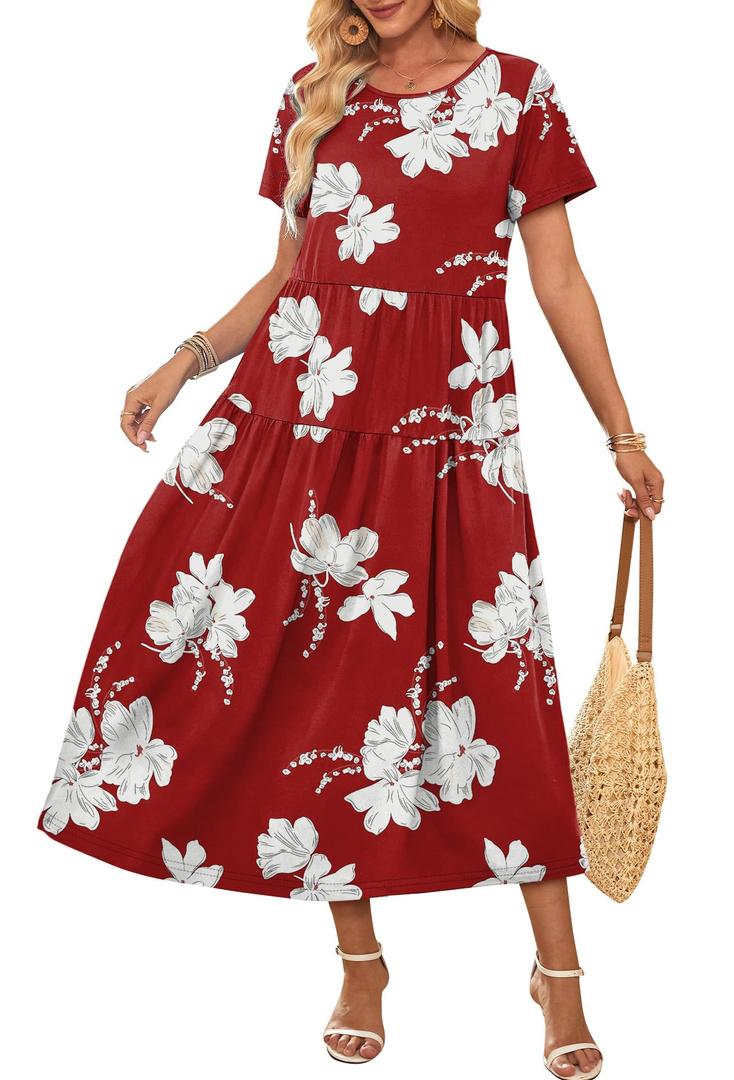 OFEEFAN Vacation Dresses for Women Short Sleeve Maxi Dress Tiered Dress Women's Casual Dresses Floral Red S (S)