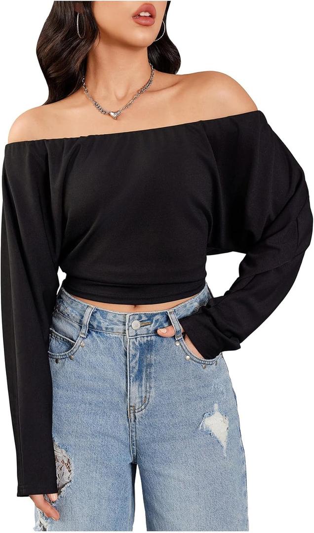 RoseSeek Women's Off The Shoulder T Shirt Long Sleeve Crop Tops Casual Basic Tees (Black, L)