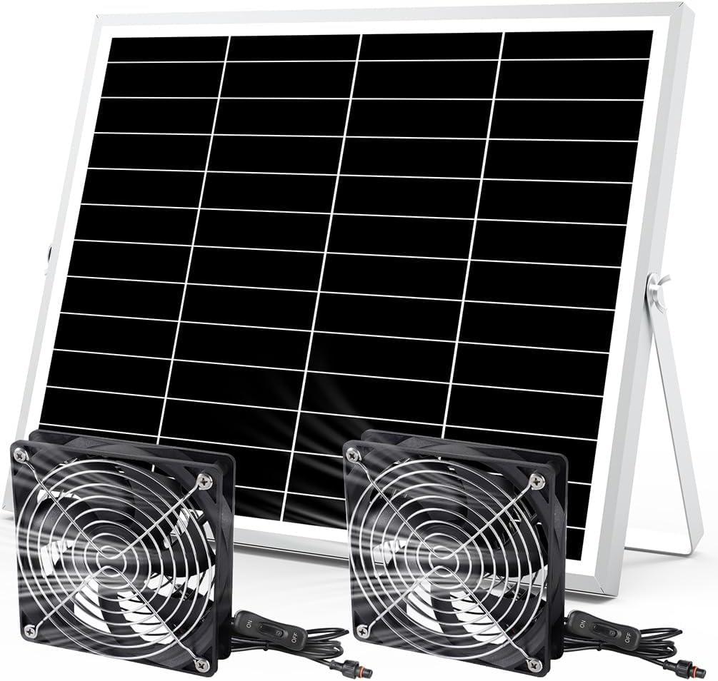 5 Inch Solar Powered Fan, Solar Exhaust Intake Fan Kit, IPX7 Waterproof Dual Fans with 13Ft On/Off Switch Cable, Cooling Ventilation for Greenhouse, Chicken Coop, Shed, Dog House, Outside (Large)