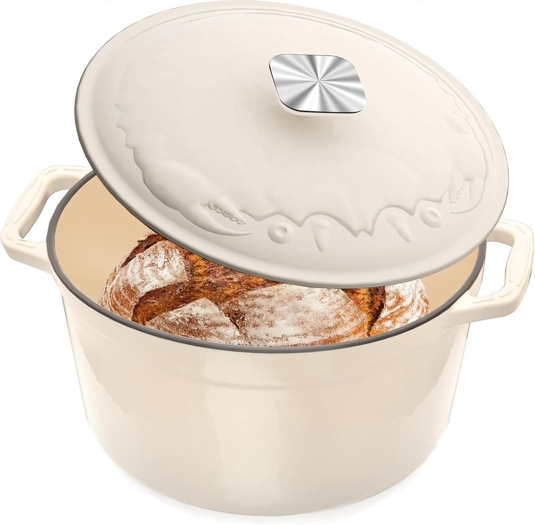 Enameled Cast Iron Dutch Oven - 5QT Dutch Oven Pot with Crab Lid & Oversized Knob & Ergonomic Handles - Heavy Duty Cookware for Braising, Stews, Roasting, Bread Baking - Cream White