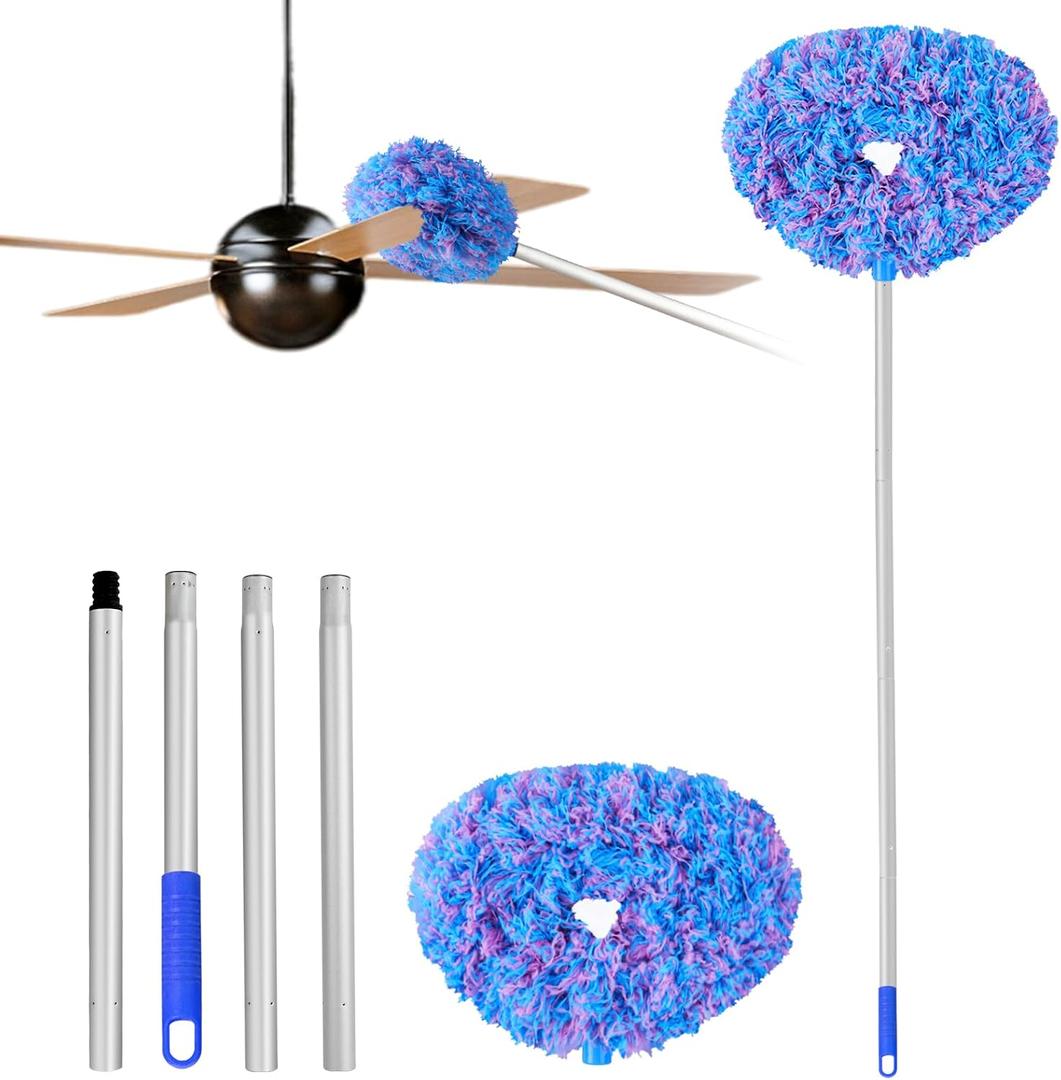 Ceiling Fan Cleaner Duster Reusable Microfiber Ceiling Fan Blade Cleaner Removable Duster with Extension Pole Adjusts 13 to 49.7 Inch for Cleaning Walls Furniture Door Window Top (Blue Pink)