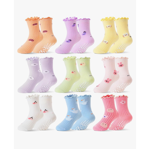 Baby Girls Toddlers Ruffle Grip Socks for Kids Non Slip Anti Skid Frilly Cute Funny Cotton Crew Grippers Socks, 9 Pairs