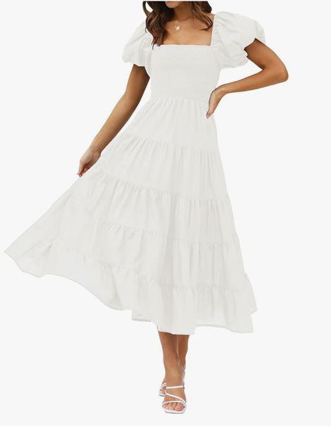 ZESICA Women's 2025 Summer Square Neck Short Puff Sleeve Solid Color High Waist Casual Smocked Flowy A Line Tiered Midi Dress M