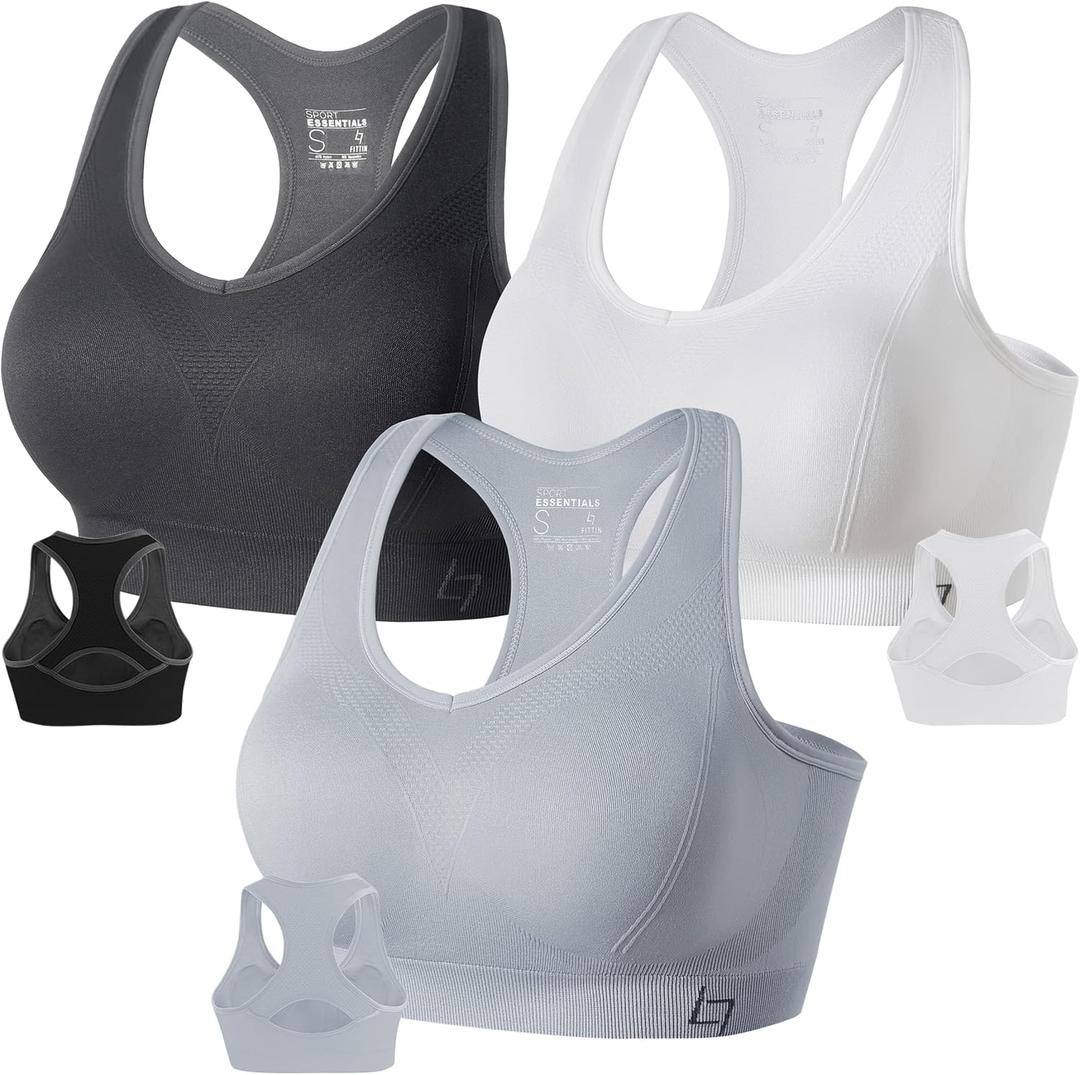 FITTIN Racerback Sports Bras for Women - Padded Seamless High Impact Support for Yoga Gym Workout Fitness - for Plus Size Large Bust Big Breast Woman Cups C-DDD/X-Large, B2-Pack of 3 Grey/Black/Sliver Grey