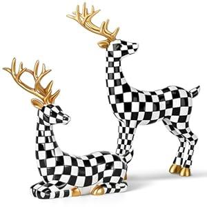Yookeer 2 Pack Christmas Reindeer Decoration Small Rattan Deer Figurines Christmas Tabletop Reindeer Statue Centerpiece Ornaments for Mantel Fireplace Living Room Bedroom Decor(Black and White Grid)