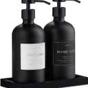 Glass Soap Dispenser Set of 2 (Black) with Silicone Tray | Hand and Dish Soap Dispenser for Kitchen and Bathroom | 16.8 Oz Glass Bottles with Stainless Steel Pump & 15 Waterproof Labels (Black)