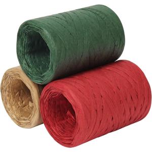 Raffia Ribbon, 3 Rolls 984 Feet Red Green Natural Christmas Ribbon for Gift Wrapping, Craft Paper Twine for Gifts, Pastry Boxes, Holiday Decor, Crafting (328Feet / Roll)