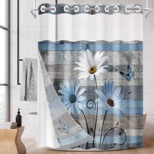 No Hook Blue Daisy and Butterfly Shower Curtain with Snap in Fabric Liner Set, Rustic Farmhouse Double Layers Waterproof Fabric with See Through Top Window Open Grommet Bath Curtain 71x86 Inch