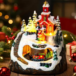 Animated Musical Christmas Village Choir Figurines Christmas Collectibles Statues Church Building & Carolers with Rotating Train LED Lights, Battery & USB Home Decor Gifts Festive Holiday Decorations