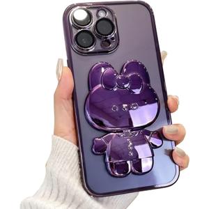 Cute Bunny Hidden Stand Compatible with iPhone 13 Case, Clear Soft TPU Bumper Shockproof 3D Mirror Rabbit Bracket Phone Case with Camera Protection for Women, Girl - Purple
