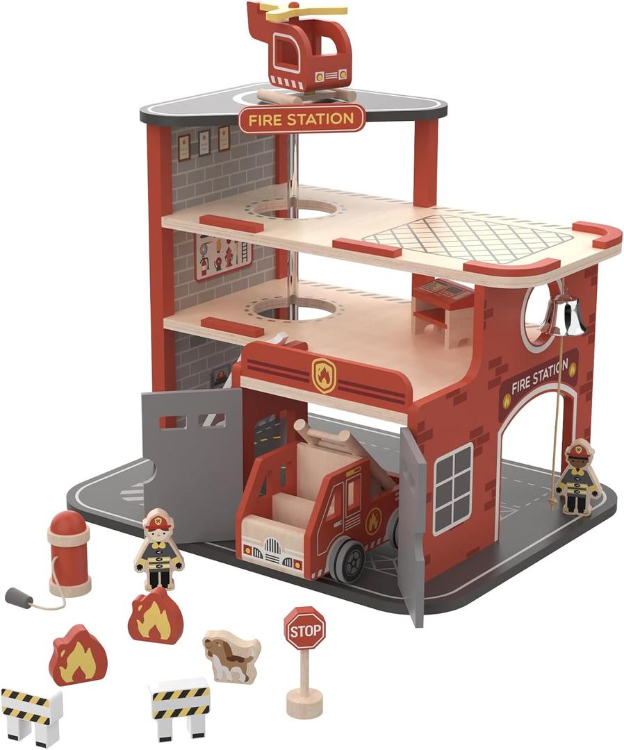 Freniland Wooden Fire Station Playset, 4-Level Pretend Play Firehouse with Fire Truck, Helicopter, Figures & Accessories, Educational Role Play Toy for Toddlers Kids Age 3+