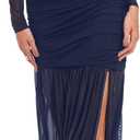 HYPERFIRE Women's Formal Wedding Guest Dresses Mesh Long Sleeve Off The Shoulder Asymmetrical Maxi Dress (Navy Blue), Medium