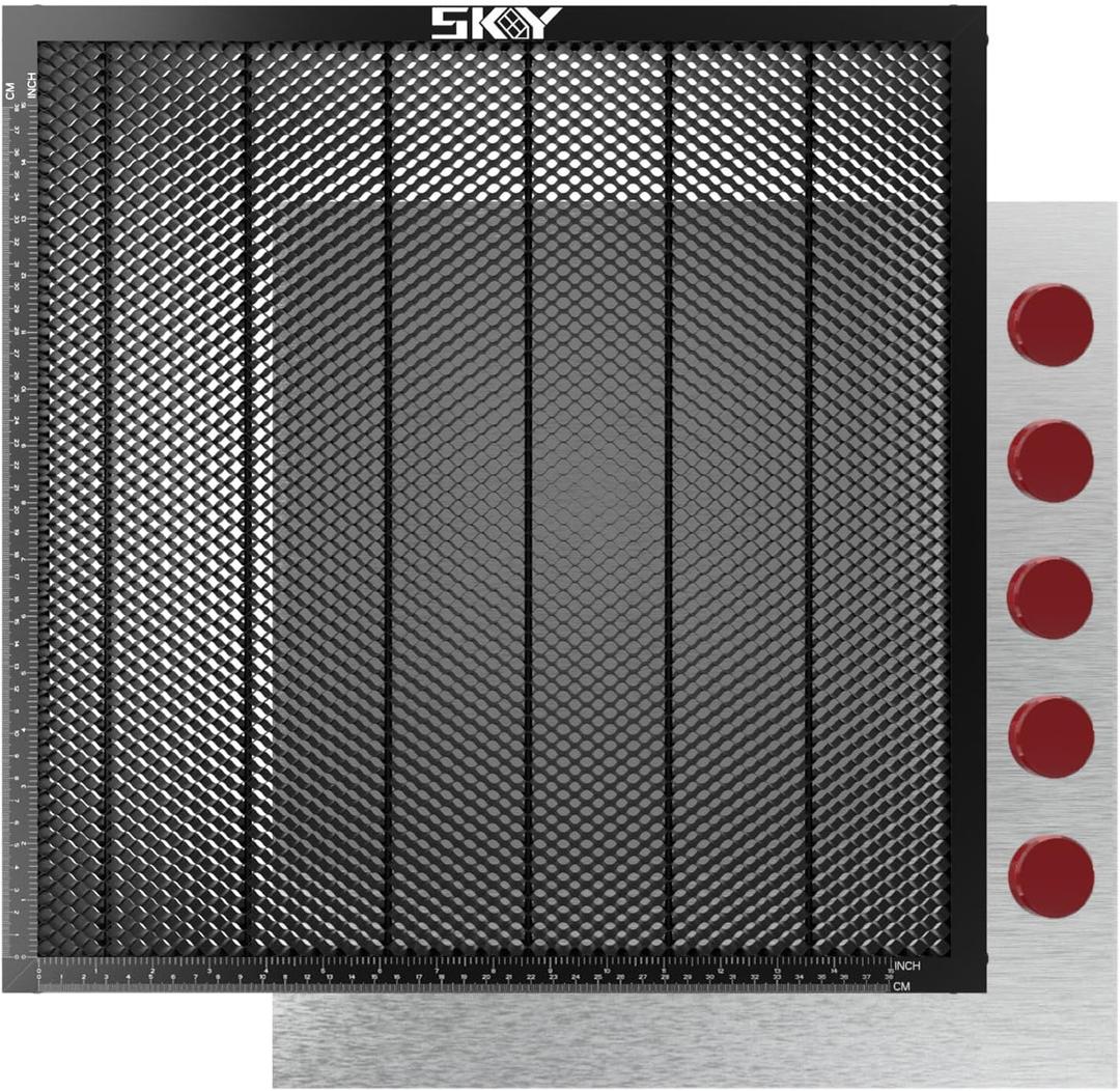 Upgraded Oxide Coating Honeycomb Laser Bed 440x440mm Honeycomb Work Table with Fixed Magnets for Most Laser Engraving Machines Fast Heat Dissipation and Smoke Elimination 17.32"x17.32"