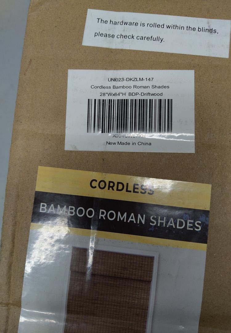 Cordless Bamboo Roman Shades w/Valance, 28" W × 64" H, BDP-Driftwood