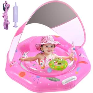 Baby Pool Float for 6-36 Months | Extra Wide Infant Pool Float with UPF50+ Canopy & Toy Play Console | Baby Floatie with Adjustable Safety Seat, Detachable Sunshade, Secure Handle & Safety Leash