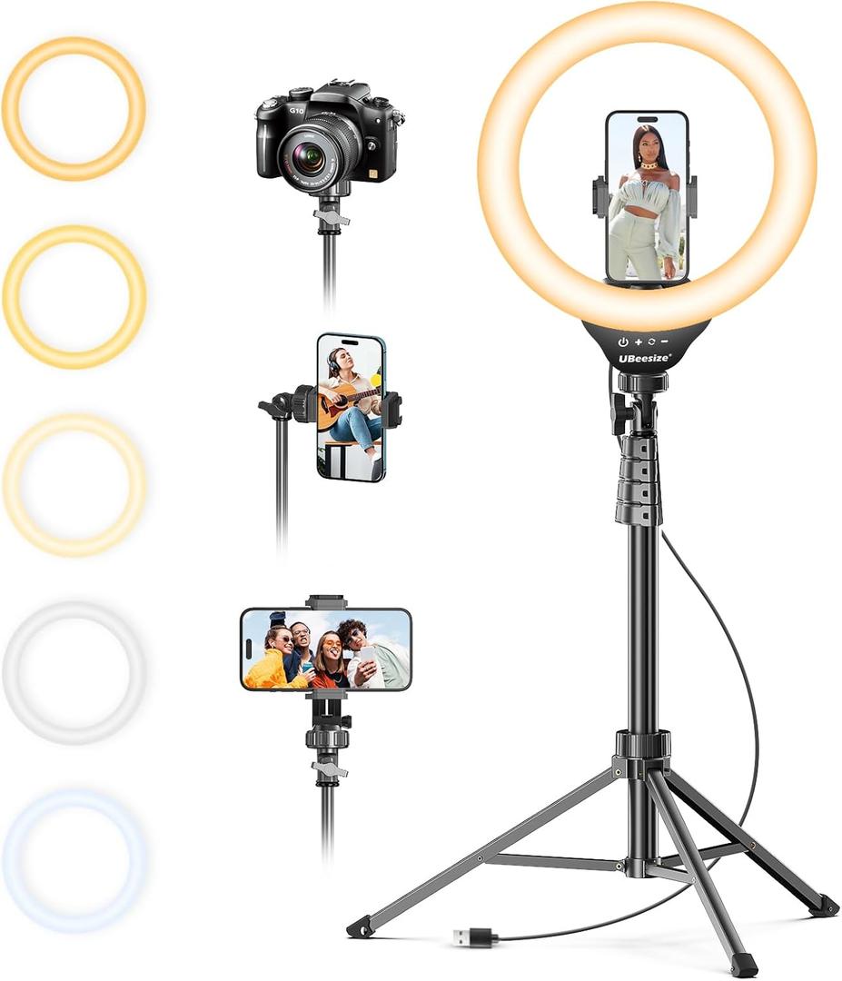 UBeesize 12'' Selfie Ring Light with 62 Tripod Stand for Video Recording, Live Streaming(YouTube, Instagram, TIK Tok), Compatible with Phones, Cameras and Webcams (Black)