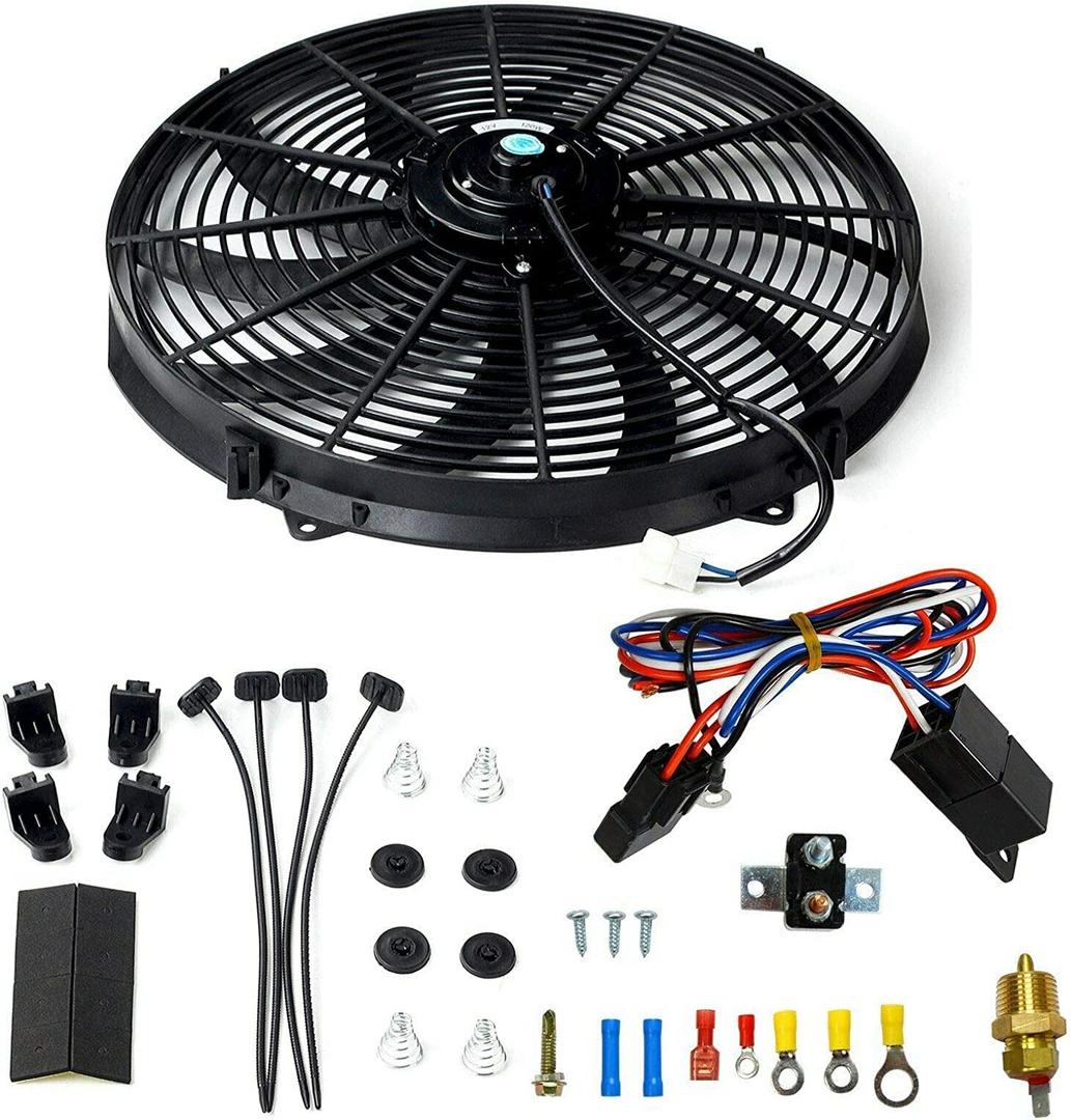 16 inch Electric Radiator Fan, 3000 CFM 10 Blades Electric Fan Automotive Black with Thermostat Wiring Switch Relay Kit (16 Inch)