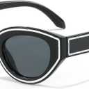 LJCZKA Retro Oval Sunglasses for Women Vintage 90s Cat Eye Sun Glasses Trendy Small Oval Cateye Line Shades (Blackgrey)