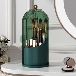 YOOLENS Makeup Brush Holder with Lid 360 Rotating Clear Dustproof Make Up Organizers for Vanity Bathroom Countertop, Green
