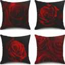 Sanwarm Throw Pillow Covers Home Decor Set of 4 Pillow Cases Decorative 18 x 18 Inches Cushion Couch Sofa Pillowcases Red Rose Flower Black Beauty Bloom